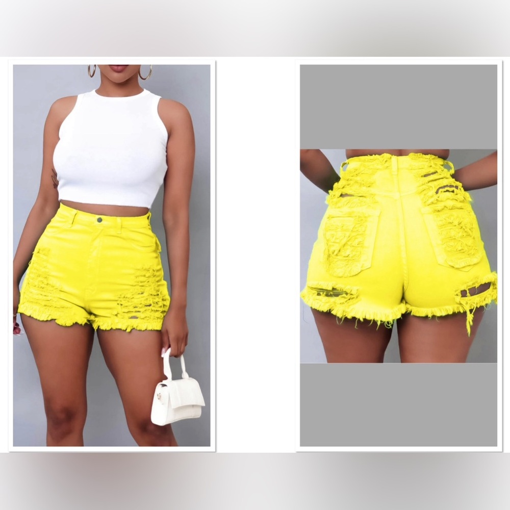 Yellow distressed jean shorts